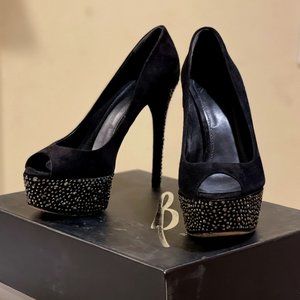 B Brian Atwood Black Sueded Bea Peep-Toe Pump.